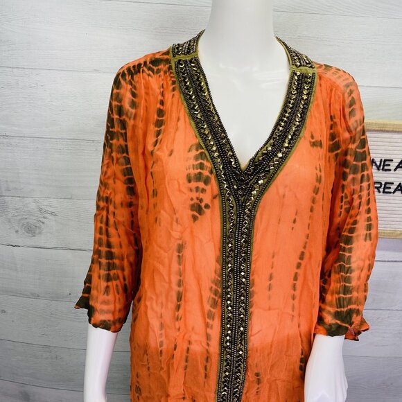 Michael Kors Switzerland Orange Brown Sheer Embellished V Neck Tunic Top Size S - Picture 9 of 16